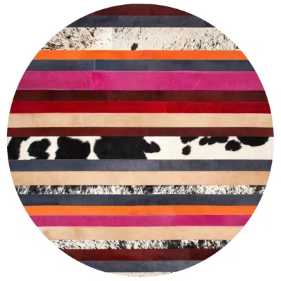 Pre-owned Art Hide Pink & Black Striped Round Customizable Nueva Raya Cowhide Area Floor Rug Medium