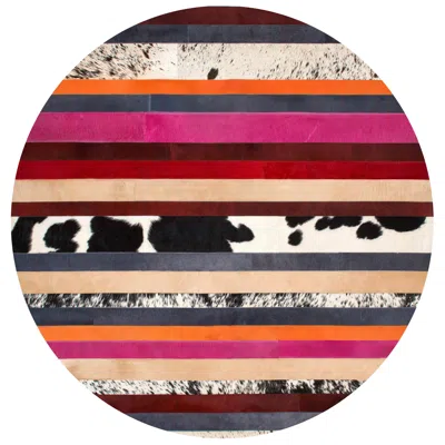 Pre-owned Art Hide Pink & Black Striped Round Customizable Nueva Raya Cowhide Area Floor Rug Small