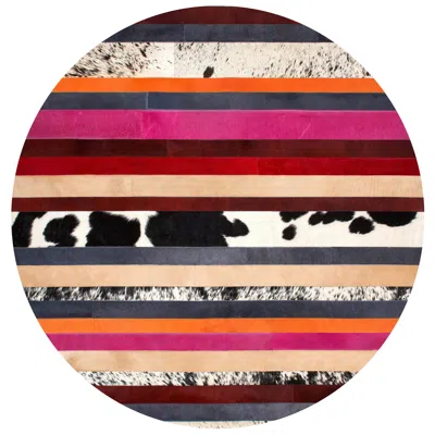 Pre-owned Art Hide Pink & Black Striped Round Customizable Nueva Raya Cowhide Area Floor Rug Xlarge