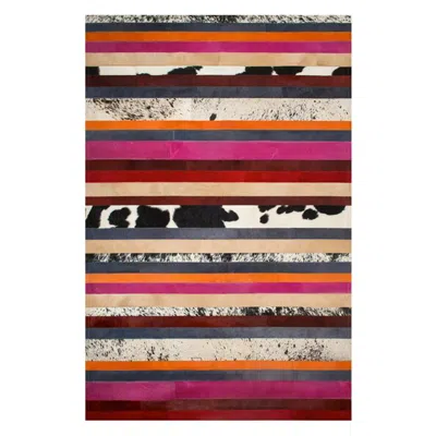 Pre-owned Art Hide Pink, Orange, Black And White Stripes Customizable Nueva Raya Cowhide Rug Small