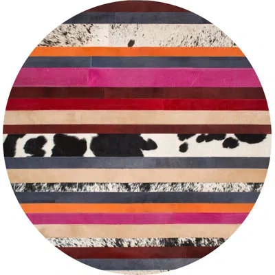 Art Hide Round Nueva Raya Striped Cowhide Pink/black/cream Indoor / Outdoor Area Rug In Pink;gray;cream