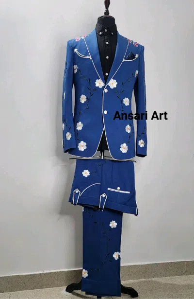 Pre-owned Art Man Blue 2pc Bespoke Handcrafted Country Western Suit Floral Embroidered Outfis