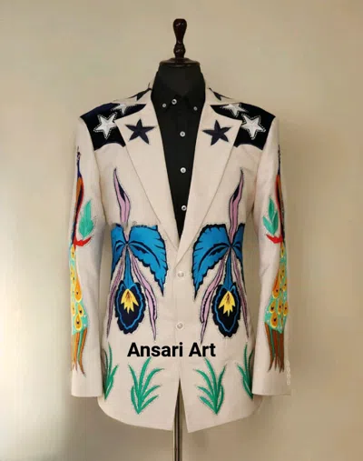 Pre-owned Art Man's Ivory Bespoke 2pc Phoenix Embroidered Handwork Rhinestones Country Western In Lovry