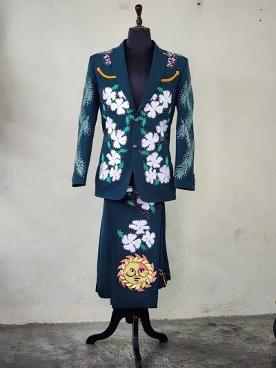 Pre-owned Art Men 2pc Bespoke Floral Embroidered Smiley Pockets Nudie Western Suit Outfits In Blue