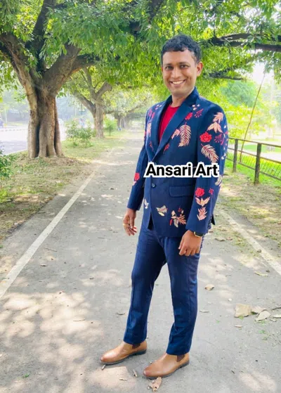 Pre-owned Art Men 2pc Blue Velvet Suit Personalized Floral Embroidered Notch Lapel Designer