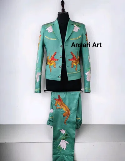 Pre-owned Art Men 2pc Country Western Nudie Suit Bespoke Floral Embroidered Cotton Designer In Blue