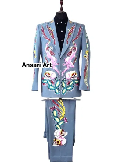 Pre-owned Art Men 2pc Country Western Nudie Suit Floral Skeleton Embroidered Cocktail Wedding. In Blue