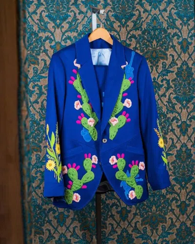 Pre-owned Art Men 2pc Custom Made Embroidered Western Wedding Cocoktail & Prom Outfits In Blue