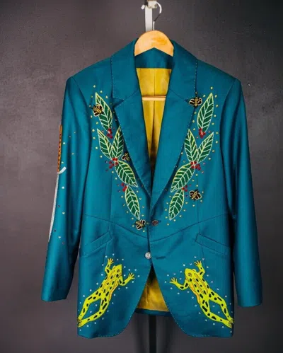 Pre-owned Art Men 2pc Custom Made Frog Hand Embroiderd Western Wedding Cocktail & Prom Outfits In Blue