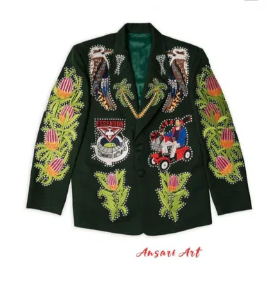 Pre-owned Art Men's 2pc Dark Green Bespoke Foral Rhinestone Embroidered Country Western Outfit