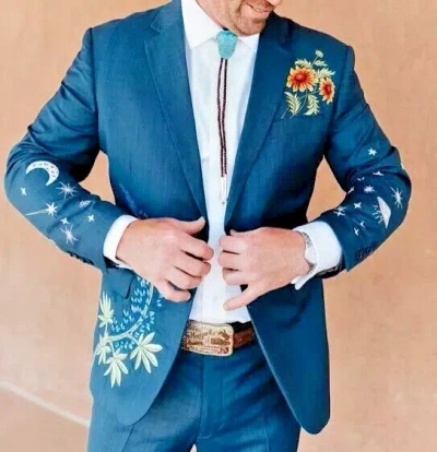 Pre-owned Art Men 2pc Designer Customized Embroidered Country Western Wedding Cocktail Outfits In Blue
