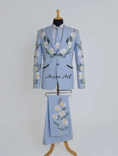 Pre-owned Art Men's 2pc Lavender Country Western Suit Cotton Customized Single Cowboy Attire In Blue