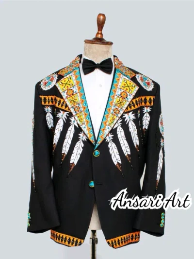 Pre-owned Art Men 2pc Western Suit Black Customized Embroidered Cowboy Wedding Cocktail Attire