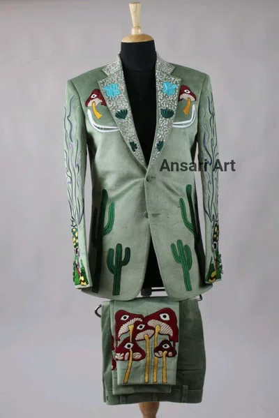 Pre-owned Art Men's 2pc Western Wedding Suit Custom Made Green Velvet Prom Andcocktail Outfits