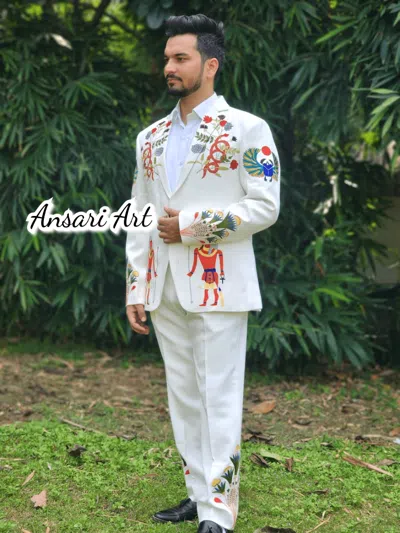 Pre-owned Art Men's 2pc White Customized Country Western Suit Floral Egypt Guard Embroidered