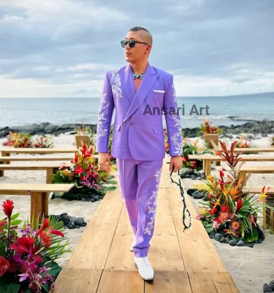 Pre-owned Art Men's Bespoke Lavender Cotton Suit White Floral Embroidered Designer Outfit