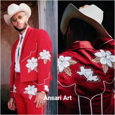 Pre-owned Art Men's Bespoke Red 2pc Country Western Suit Floral Embroidered Cocktail Attire