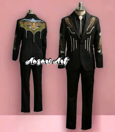 Pre-owned Art Men Black 2pc Bespoke Cowboy Eagle Floral Rinestone Country Western Suit Wedding