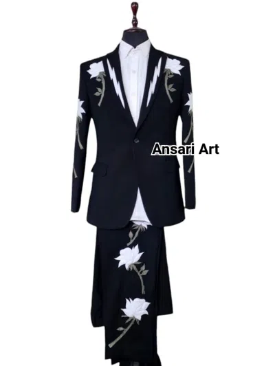 Pre-owned Art Men Black 2pc Custom Made Floral Flowers Embroidered Designer Western Outfits