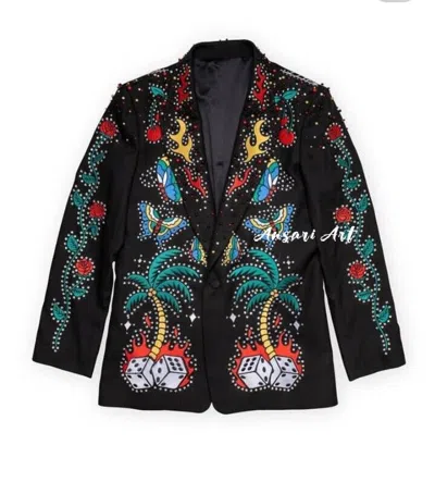 Pre-owned Art Men Black 2pc Customized Vintage Classic Embroidered Country Western Suit Design