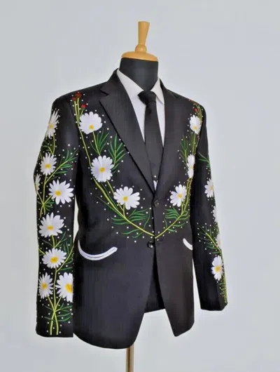 Pre-owned Art Men Black 2pc Flower Fusion Embroidered Country Western Wedding Cocktail Outfits