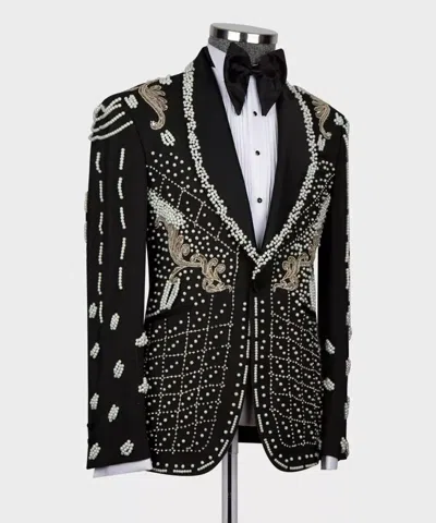 Pre-owned Art Men's Black 3pc Custom Made Hand Embroidered Wedding Cocktail & Prom Outfits
