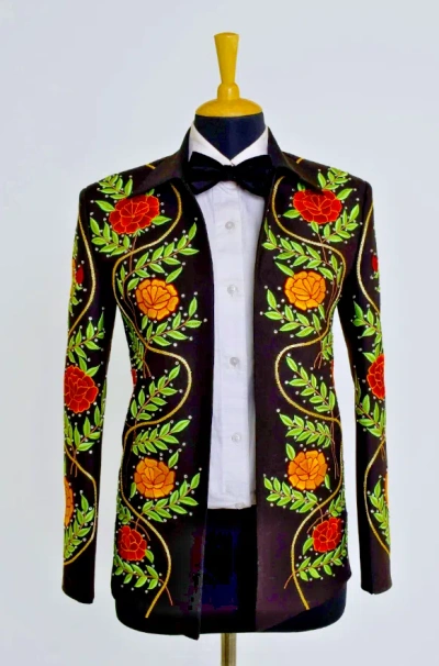Pre-owned Art Men Black Designer 2pc Country Western Custom Made Cowboy Wedding Prom Outfits
