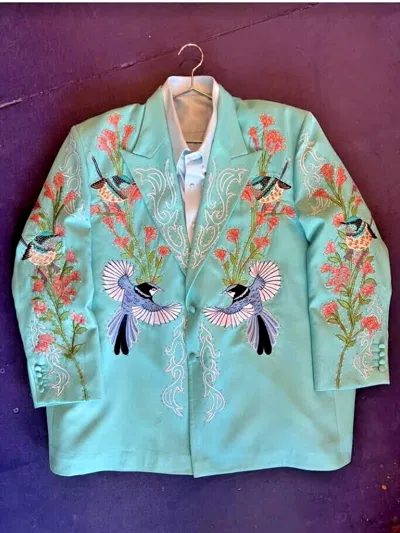 Pre-owned Art Men Blue 2pc Birds Embroidered Country Western Wedding Cocktail & Prom Outfits