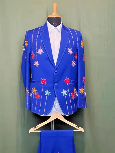 Pre-owned Art Men Blue Designer 2pc Custom Made Country Western Wedding Cocktail & Prom Outfit