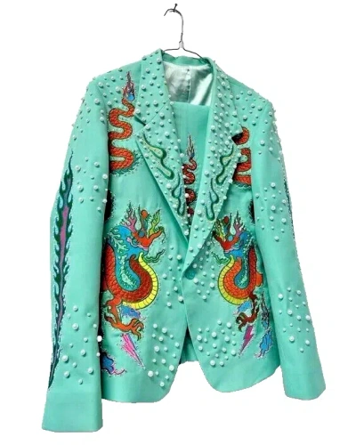 Pre-owned Art Men Cotton 2pc Pearl Embroidered Suit Western Wedding Cocktail Groomsmen & Groom In Light Sea Green
