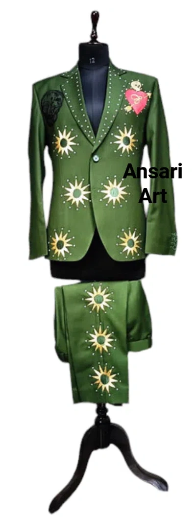 Pre-owned Art Men's Country Western 2pc Custom Made Embroidered Wedding Cocktail Prom Outfits In Green