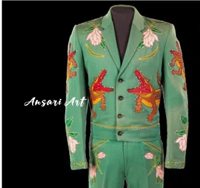Pre-owned Art Men's Custom Made 2pc Wedding Western Suite Green Cotton Crocodile Embroidered