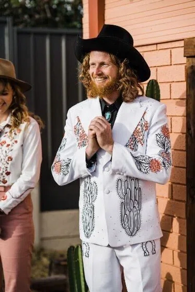 Pre-owned Art Men's Custom Made 2pc White Wedding Suit Cotton Western Floral Embroidered Suit