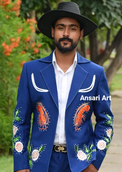 Pre-owned Art Men Custom Made Blue 2pc Suit Country Western Suits Hand Embroidered Outfit