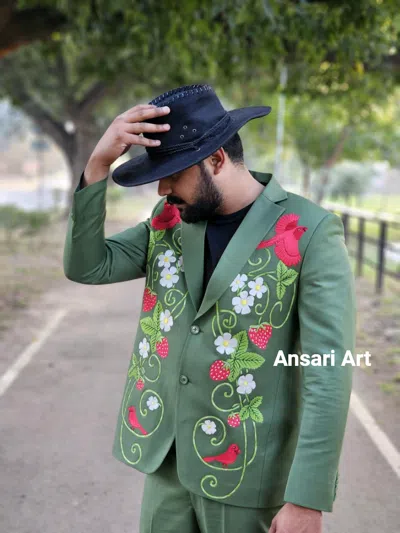 Pre-owned Art Men Custom Made Green Cotton 2pc Suit Country Western Hand Embroidered Outfit