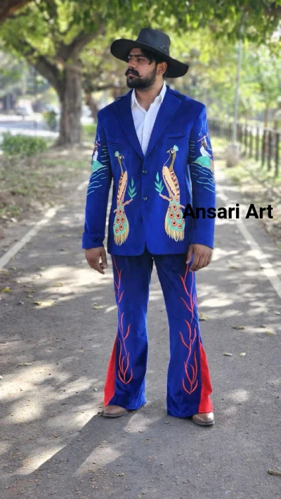 Pre-owned Art Men Custom Made Royal Blue Velvet 2pc Suit Country Western Hand Embroidered Suit
