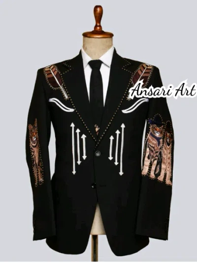 Pre-owned Art Men Customized 2pc Black Country Western Suite Premium Embroidered Prom Outfits