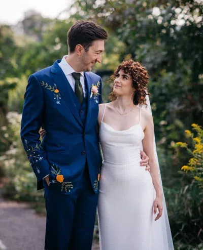 Pre-owned Art Men Designer 2pc Blue Floral Flower Embroidered Western Wedding Day Suite