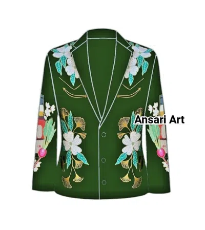 Pre-owned Art Men Designer 2pc Custom Made Floral Embroidered Countery Western Wedding Outfits In Green