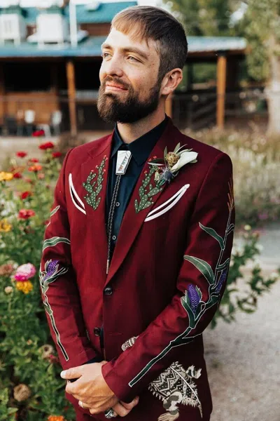 Pre-owned Art Men Designer 2pc Dark Red Embroidered Prom Py Wedding And Cocktail Py