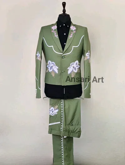 Pre-owned Art Men Green 2pc Bespoke Designer Floral Embroidered Western Wedding Cocktail Py