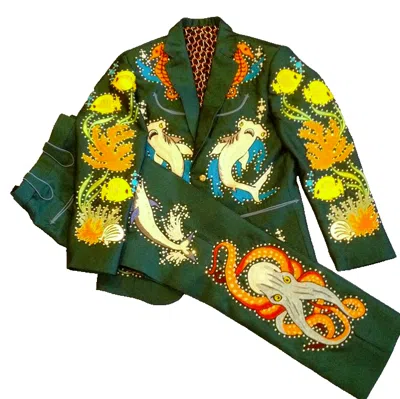 Pre-owned Art Men Green 2pc Custom Made Embroidered Country Western Wedding Cocktail Outfits