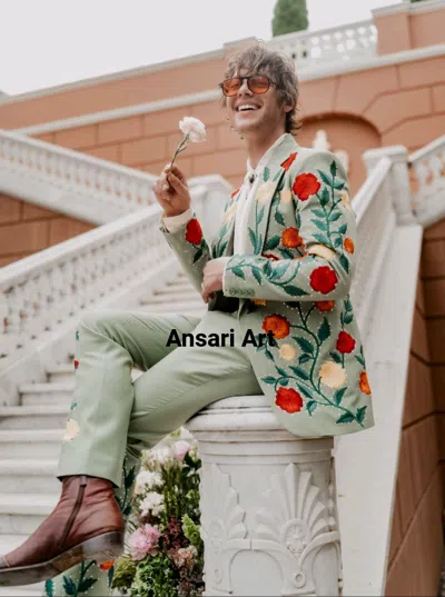 Pre-owned Art Men Green 2pc Customized Country Western Suit Floral Flowers Embroidered Wedding