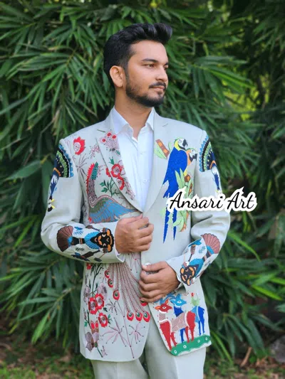 Pre-owned Art Men Green 2pc Customized Country Western Suit Peacock & Deer Rhinestone Outfits