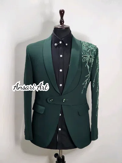 Pre-owned Art Men's Green 2pc Customized Leaf's Hand Rhinestone Embroidered Designer Outfits
