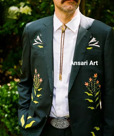 Pre-owned Art Men's Green Premium 2pc Custom Made Country Western Nudie Suit Floral Leafs Suit