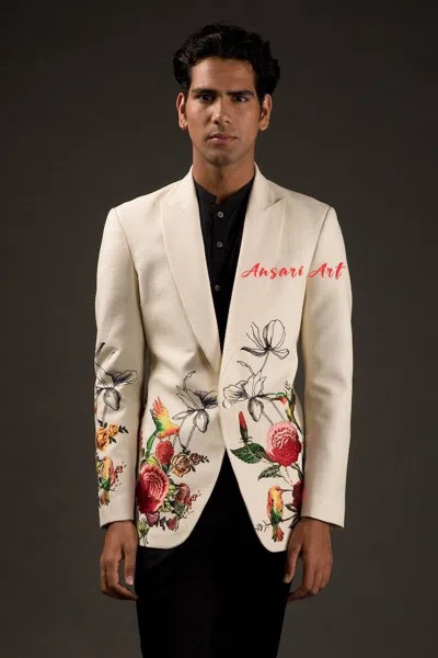 Pre-owned Art Men's Ivory Tuxedo With Floral Bird Embroidery - Custom Made-to-measure Wedding In White