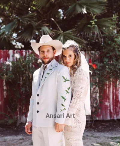 Pre-owned Art Men's Light Blue 2pc Custom Made Floral Flowers Embroidered Wedding Outfits