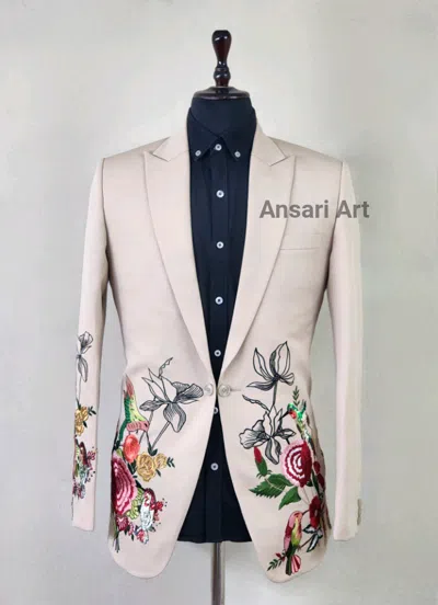 Pre-owned Art Men Lvory 2pc Embroidered Suit Single Breasted Notch Lapel Prom Cocktail Outfits