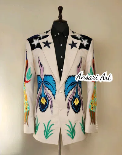 Pre-owned Art Men's Lvory Bespoke 2pc Peacock $ Phoenix Embroidered Western Wedding Outfits In Beige